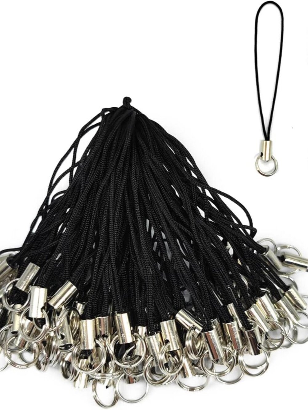 100 PCS Cell Phone Charm Strings with Split Ring, Black, 2.4"